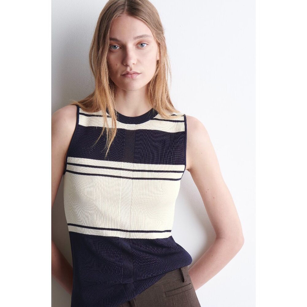 NWOT COS Ribbed Knit Tank Top Navy/Ivory/Striped Size S